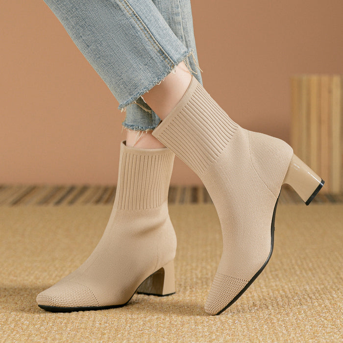 Sara | Stickade sockstövlar med blockklack och fyrkantig tå, 6–8 cm