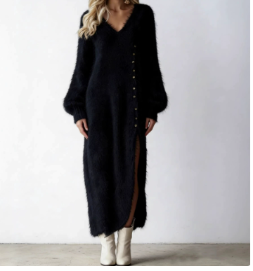 Lång stickad klänning dam med slits och knappar i fleece