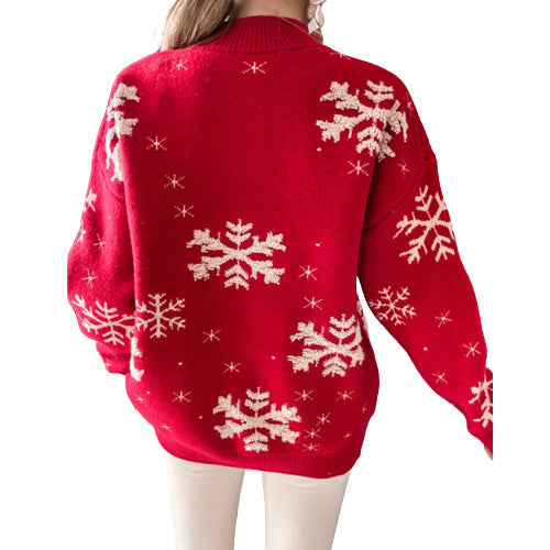 Stickad tröja för dam med snöflingor, fluffig och lös passform, S till XL