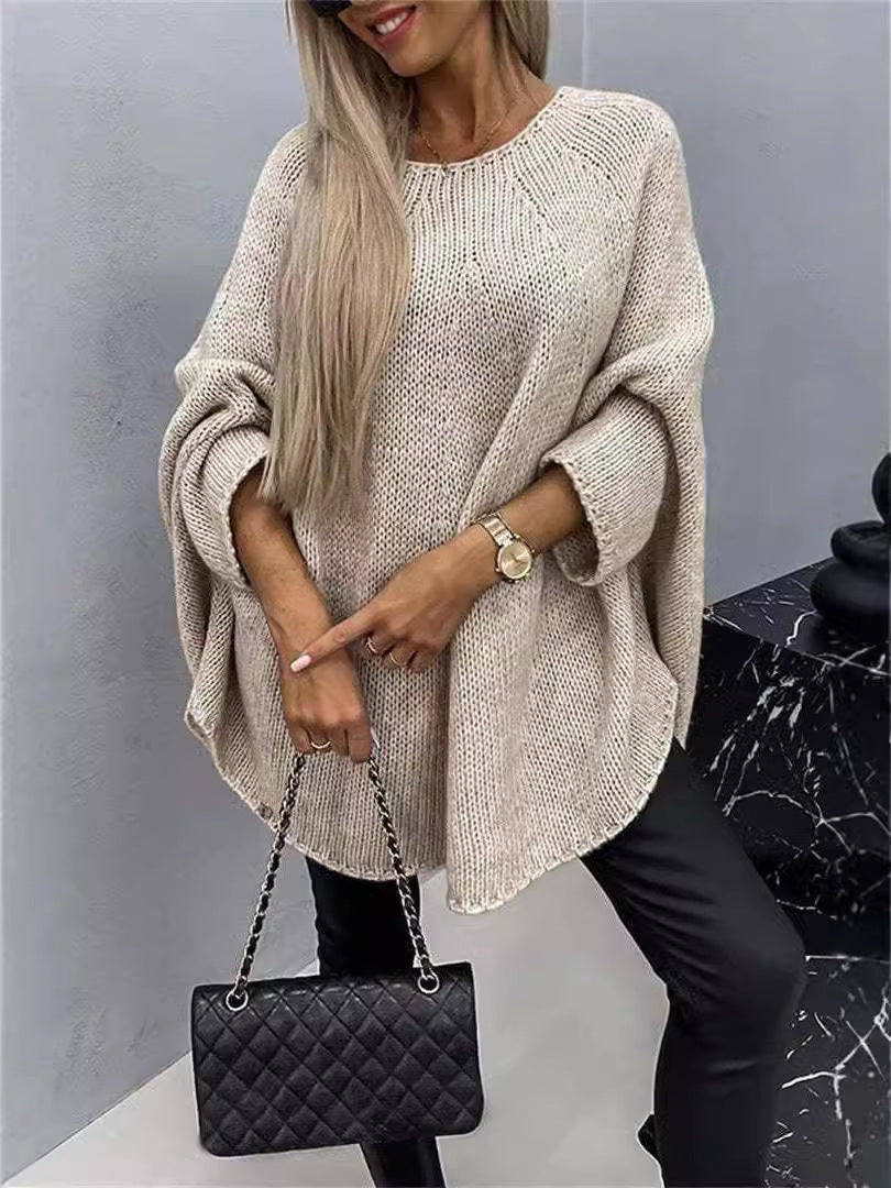 Oversize stickad tröja med fladdermusärm och sjalkrage