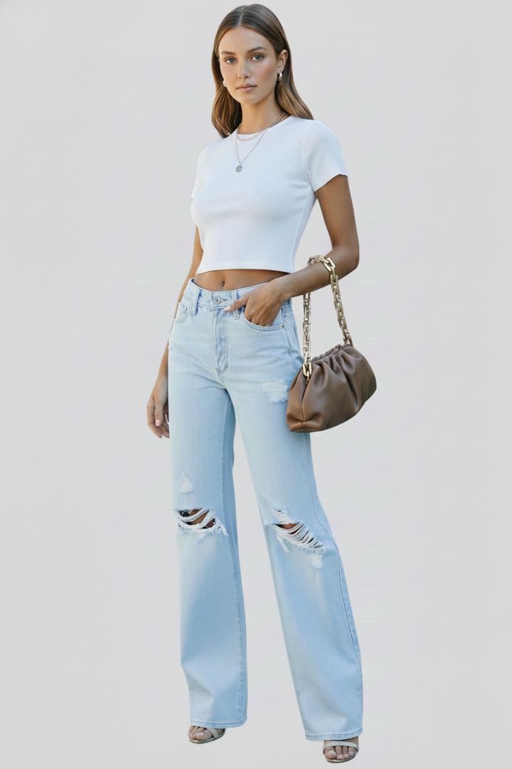 Jenny | Vida Jeans med Slitningar och Hög Midja