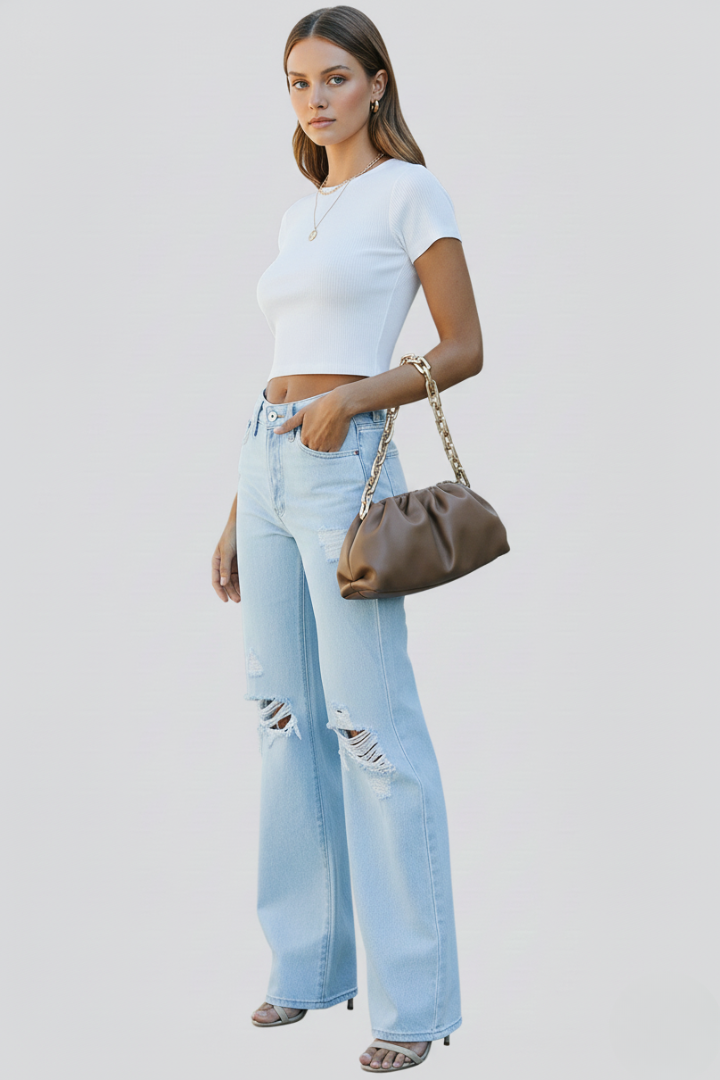 Jenny | Vida Jeans med Slitningar och Hög Midja