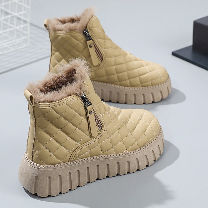 Anna | Quiltade vinterboots dam med plattform och fuskpäls