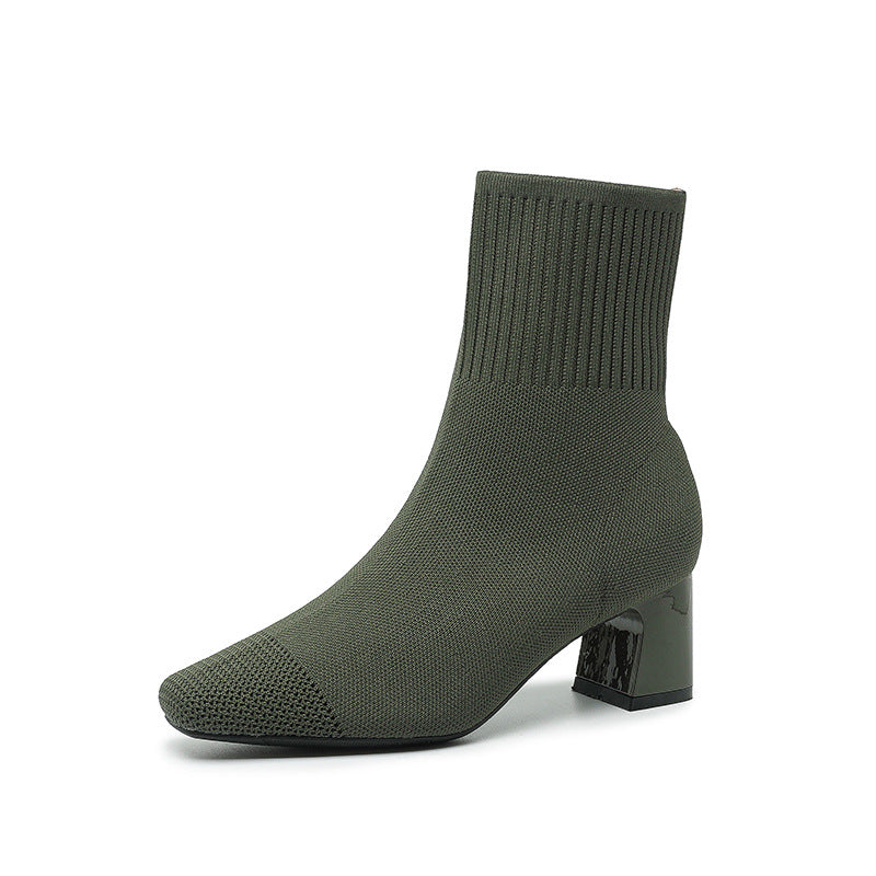 Stickade sockstövlar med blockklack och fyrkantig tå, 6–8 cm