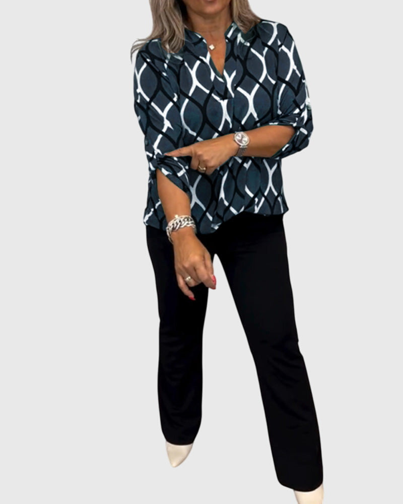 Vera | Ledig Blus med Geometriskt Mönster