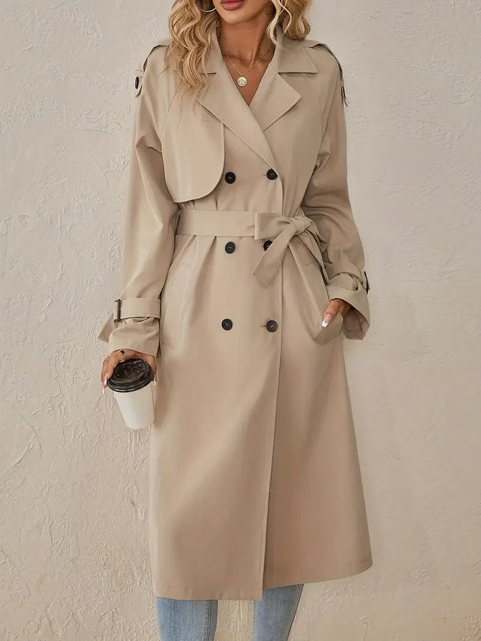 Lång Dubbelknäppt Trenchcoat med Skärp