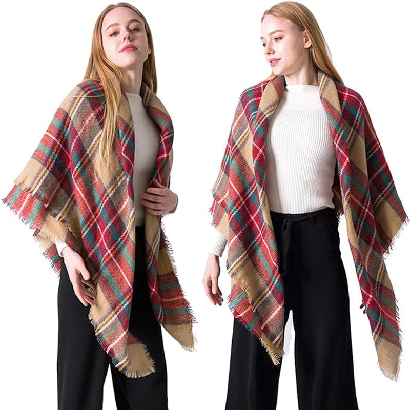 Stor rutig sjal i tartan med fransar, mjuk och varm, 150 x 150 cm