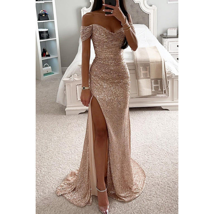 Dam Paljettklänning Off-Shoulder Lång Slits Figursydd