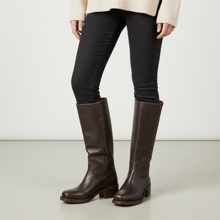 Dam Läderboots med Blockklack och Hög Skaft för Höst och Vinter