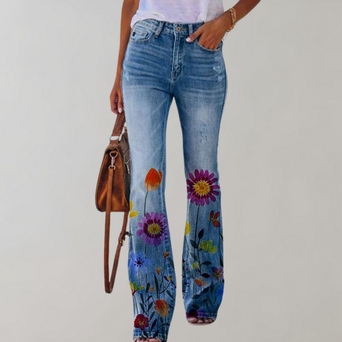 Dam Flare Jeans med Blomtryck och Hög Midja