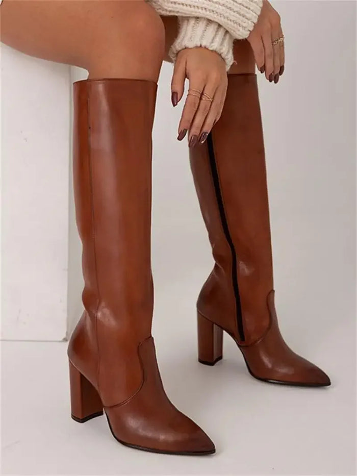 Dam Knähöga Boots med Blockklack och Spetsig Tå
