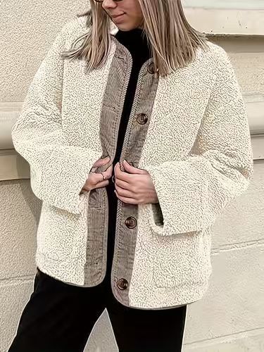 Kort Oversize Teddyjacka med Knappar