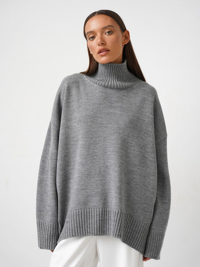Dam Oversized Rollkragentröja med Ribbstickad Ärmdetalj