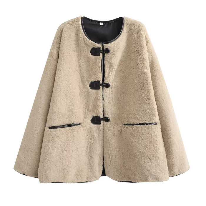 Dam Oversized Teddyjacka med Knappar och Rund Halsringning