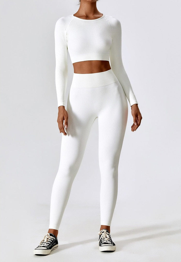 Dam Leggings och Topp Set med Ribbad Yta och Lång Ärm