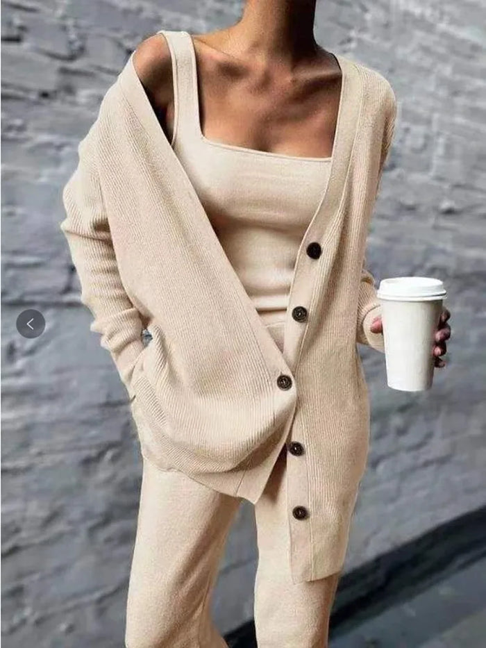 Dam 3-Delat Stickad Set med Cardigan Topp och Byxor