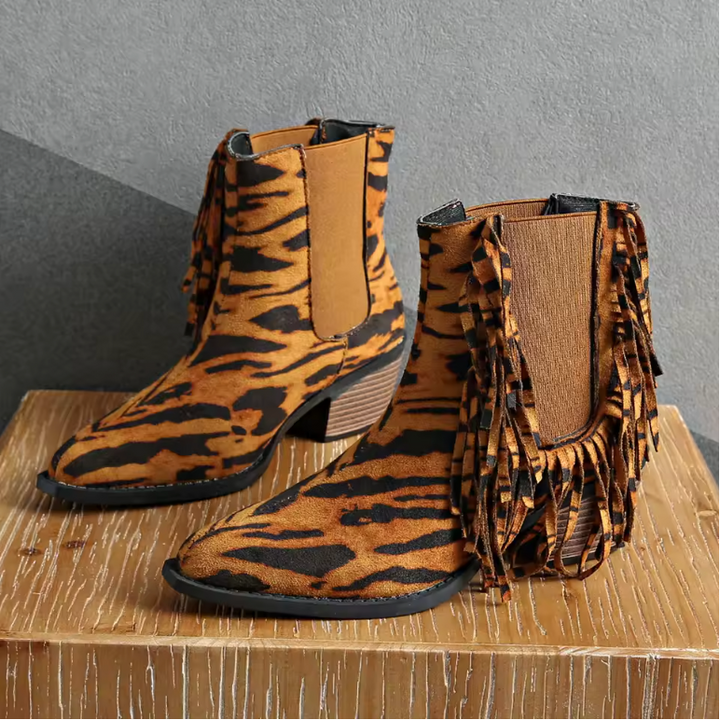 Gunilla | Lyxiga Ankelboots med Fransar och Djurmönster