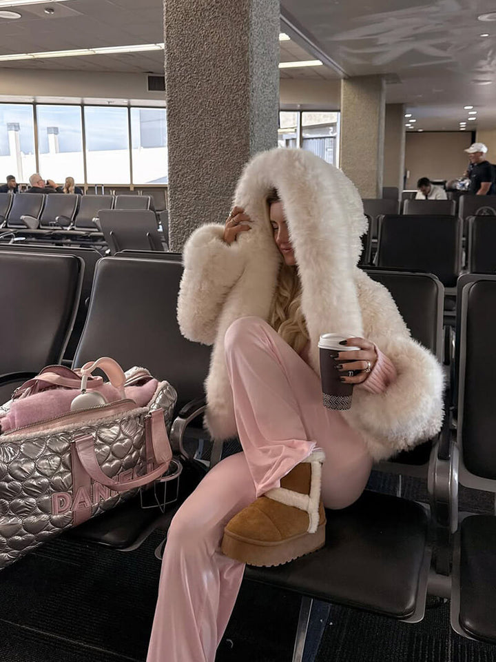 Fluffig Konstpäls Jacka med Oversize Huva