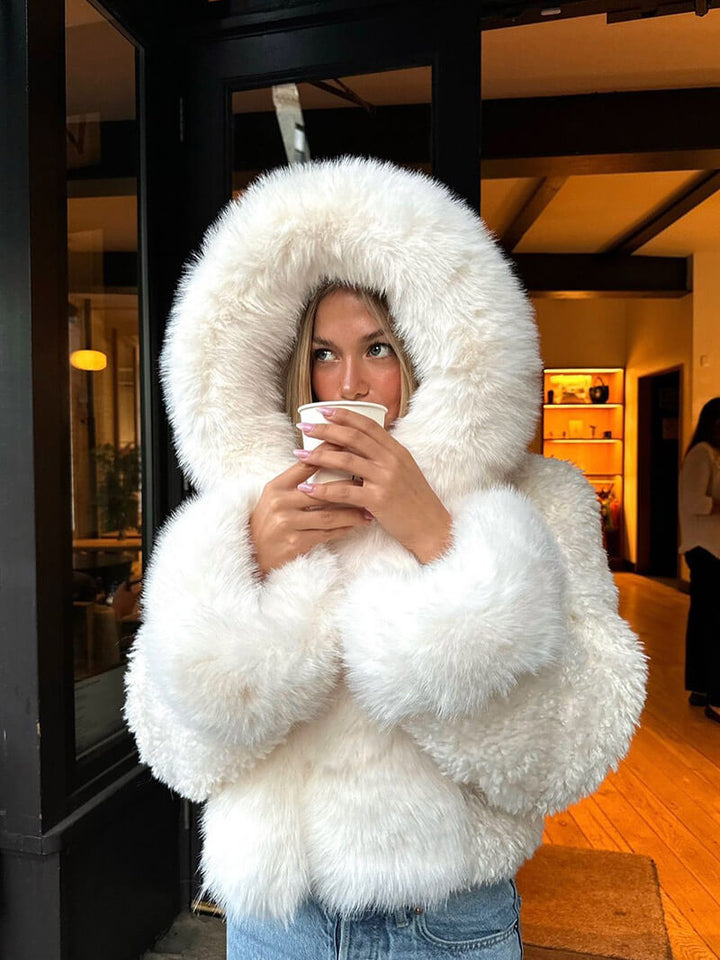 Fluffig Konstpäls Jacka med Oversize Huva