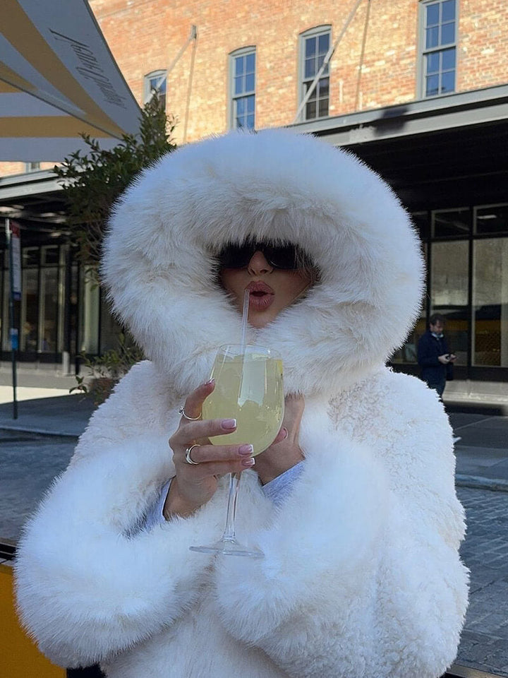 Fluffig Konstpäls Jacka med Oversize Huva