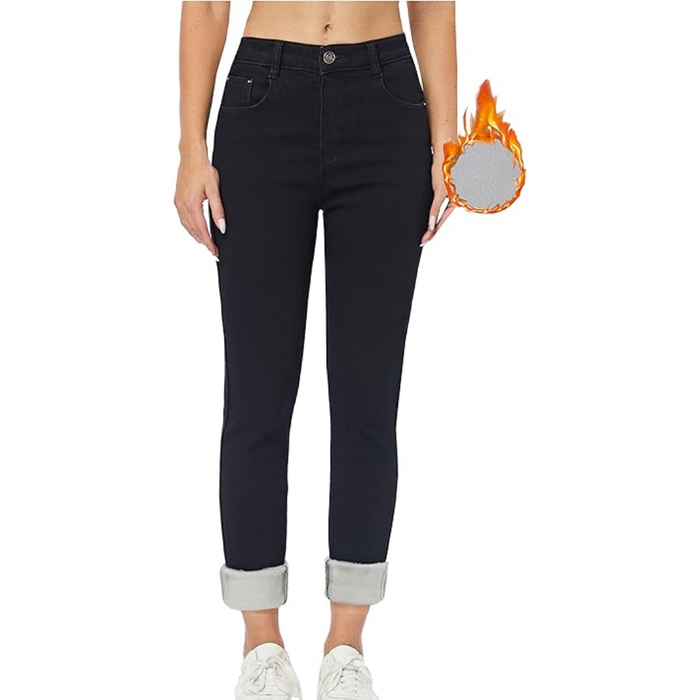 Dam Fleecefodrade Jeans med Hög Midja och Smal Passform