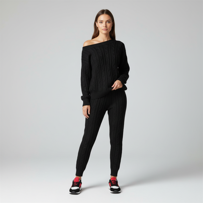 Mysigt Stickat Set med Off Shoulder-tröja och Byxor