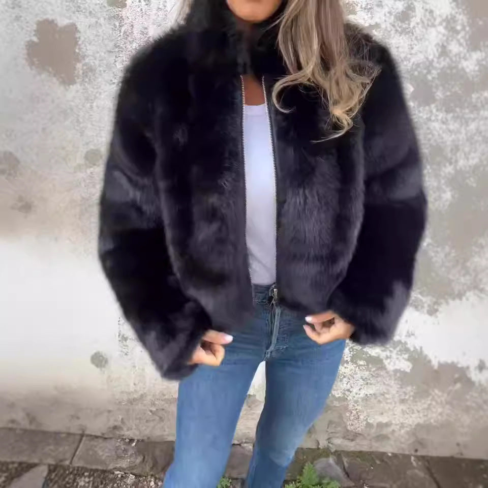Teddyjacka dam med hög krage och dragkedja, mjuk och varm