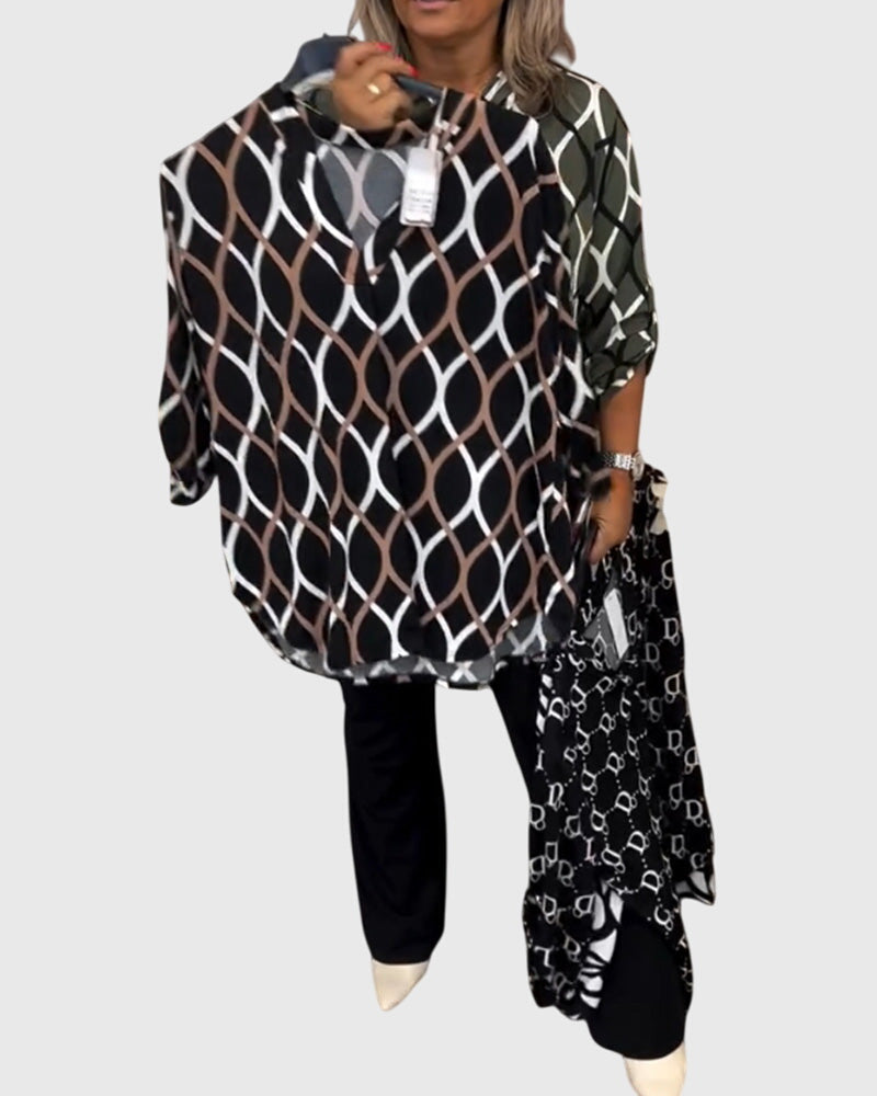 Vera | Ledig Blus med Geometriskt Mönster