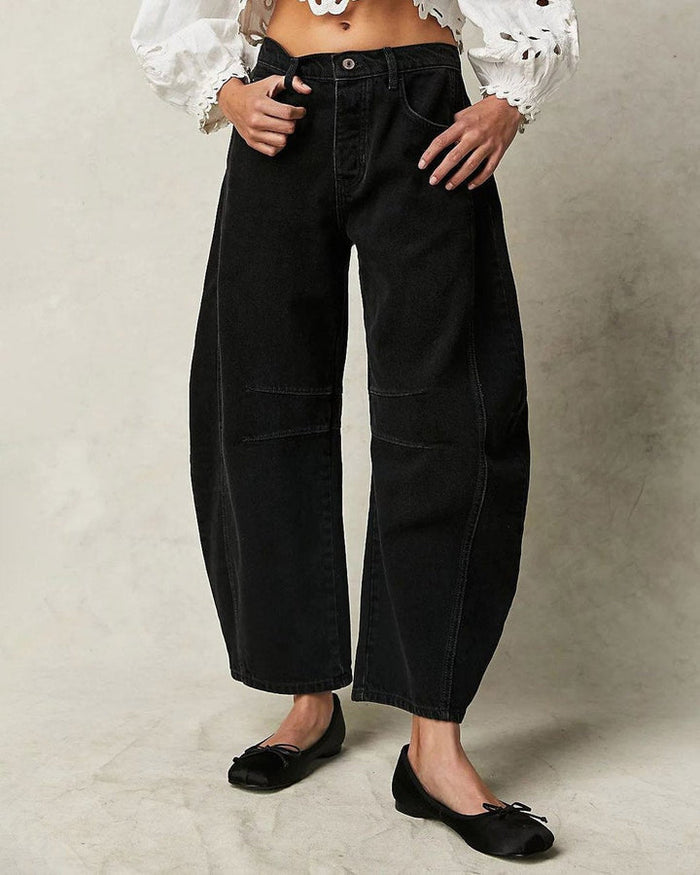 Dam Barrel Jeans Lösa Höga Midjan med Slitna Detaljer