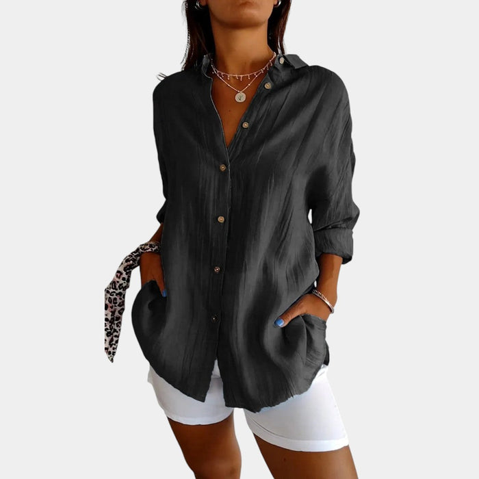 Dam Överdimensionerad Bomullsskjorta med Fickor Relaxed Fit