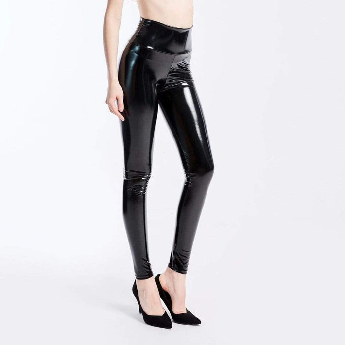Dam Högmidjade PU-Läder Leggings med Skinande Yta