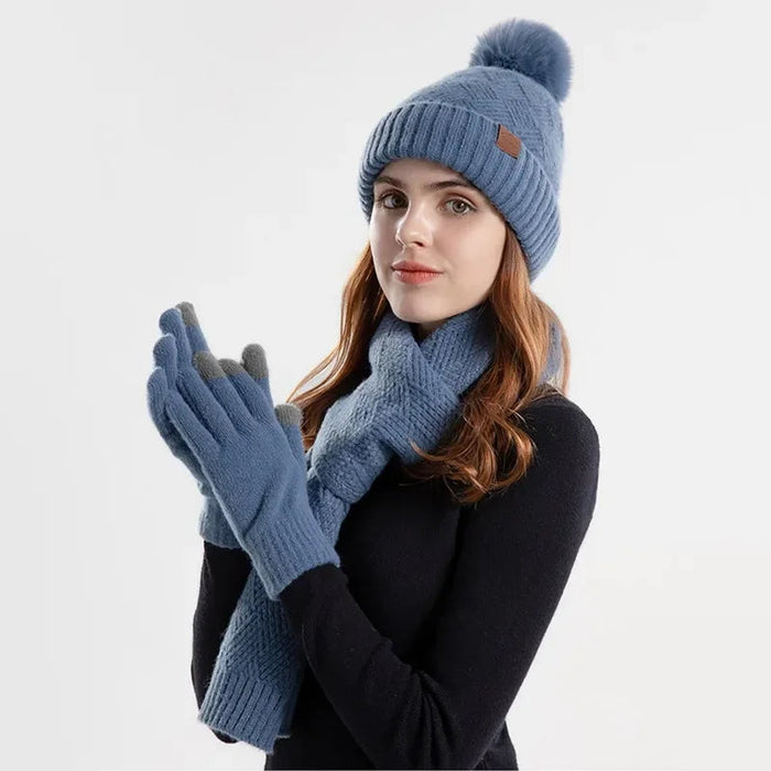 Varmt Stickat Set med Pompommössa, Halsduk och Vantar