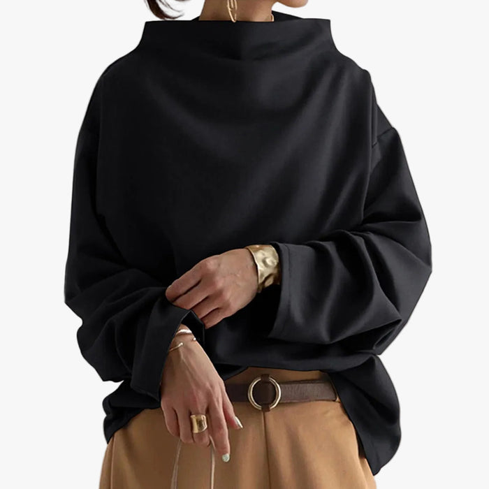 Dam Stickad Pullover med Hög Krage och Vida Ärmar